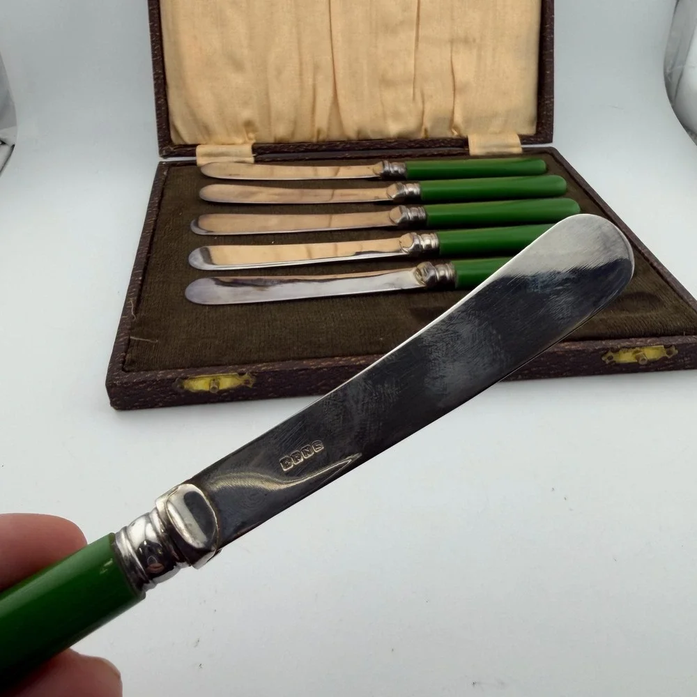 EPNS Green Silver Plate Bakelite Tea Knife Set Vintage Art Deco Case 6pc